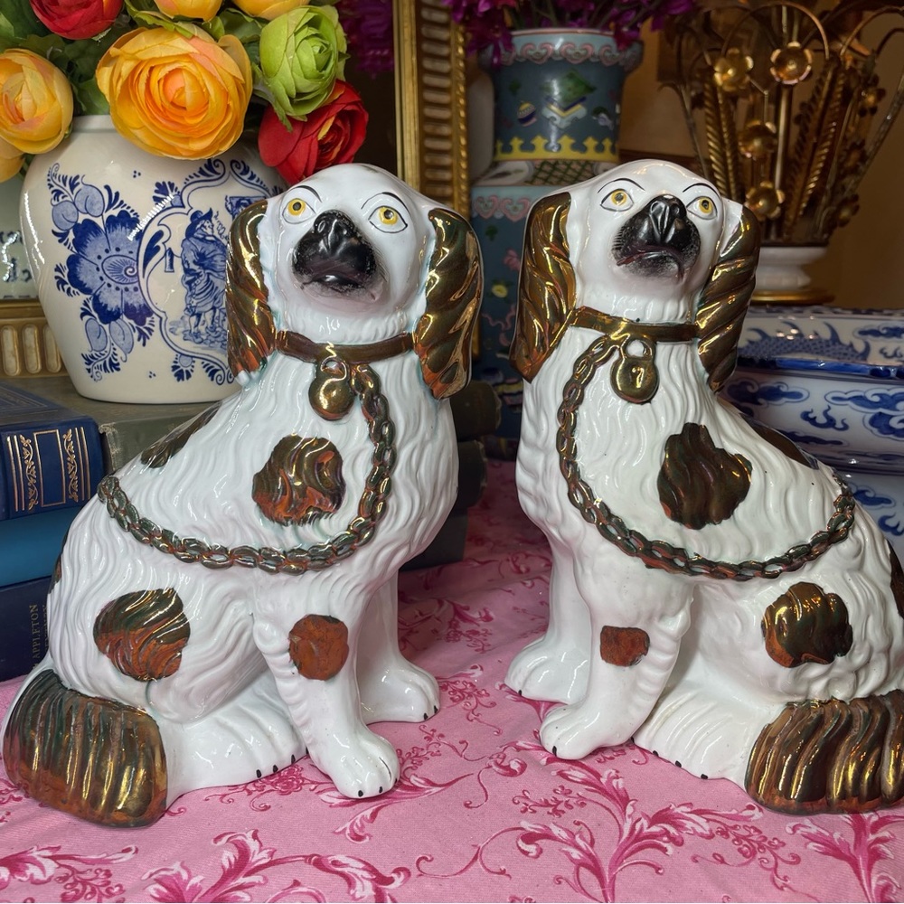 19th Century Pair of Copper Luster Staffordshire Dogs Antique